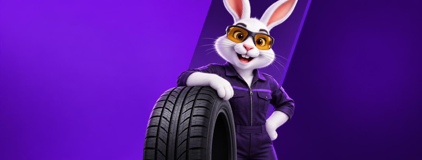 Mascote da Auto Center ao lado de um pneu sobre fundo roxo